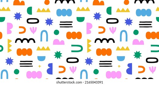 Abstract organic shape seamless pattern with colorful geometric doodles. Flat cartoon background, simple random shapes in bright childish colors. 