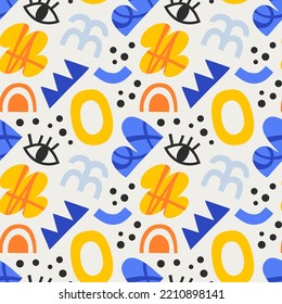 Abstract organic shape seamless pattern with colorful geometric doodles. Flat cartoon background, simple random shapes in bright childish colors. 