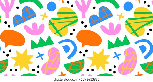 Abstract organic shape seamless pattern with colorful geometric doodles. Flat cartoon background, simple random shapes in bright childish colors. 