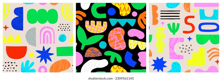 Abstract organic shape seamless pattern set with colorful geometric doodles. Flat cartoon background collection, simple random shapes in bright childish colors. 