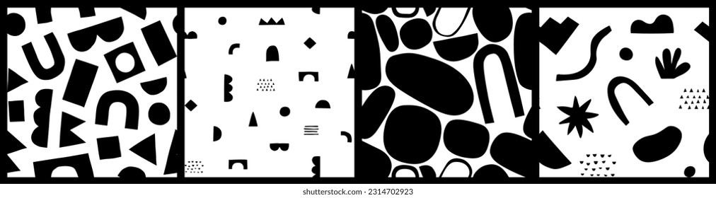 Abstract organic shape seamless pattern with black and white geometric doodles. Flat cartoon background, simple random shapes print texture.