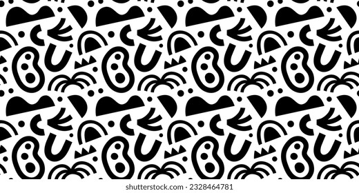 Abstract organic shape seamless pattern with black and white geometric doodles. Flat cartoon background, simple random shapes print texture.