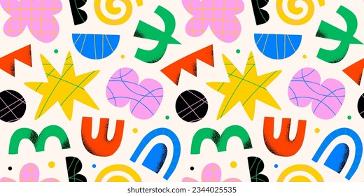 Abstract organic shape seamless pattern with colorful geometric doodles. Flat cartoon background, simple random shapes in bright childish colors. 