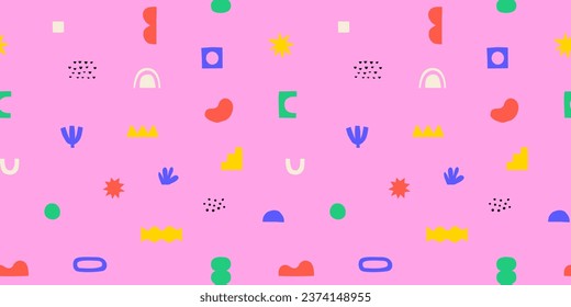 Abstract organic shape seamless pattern with colorful geometric doodles. Flat cartoon background, simple random shapes in bright childish colors. 