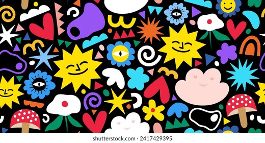 abstract organic shape seamless pattern with colorful geometric doodles