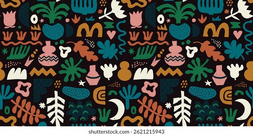 Abstract organic shape seamless pattern with naive geometric doodles in natural earthy shades.