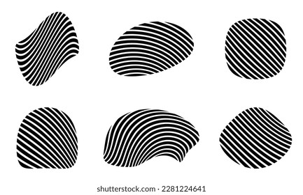 Abstract organic shape set with wavy stripes. Modern geometric fluid or liquid forms, black and white curvy line shapes. Vector illustration. 