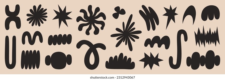 Abstract organic shapes with black geometric cutting doodles. Trendy random shapes. Vector illustration