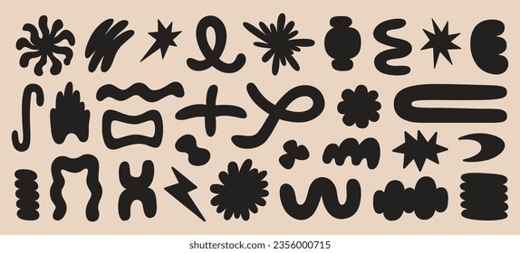 Abstract organic shapes with black geometric cutting doodles. Trendy random shapes. Vector illustration