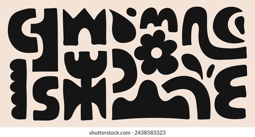 Abstract organic shapes with black geometric cutting doodles. Trendy random figures isolated on a beige background. Vector illustration