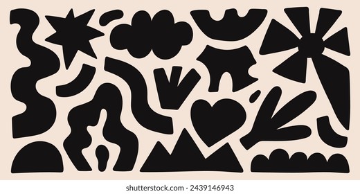 Abstract organic shapes with black geometric cutting doodles. Trendy random figures isolated on a beige background. Vector illustration