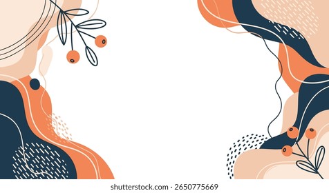 Abstract organic shapes and botanical elements background design with warm color palette
