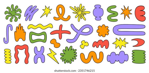 Abstract organic shapes with bright geometric cutting doodles. Trendy random shapes. Vector illustration