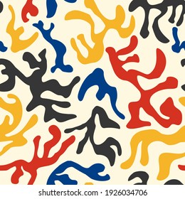 Abstract organic shapes camouflage seamless pattern. Contemporary cut outs matisse inspired, doodle geometric camo elements, forms. Vector illustration for surface design, wallpaper, textile.