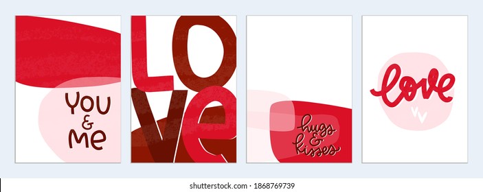 Abstract organic shapes card set with love messages for Valentine’s day. 