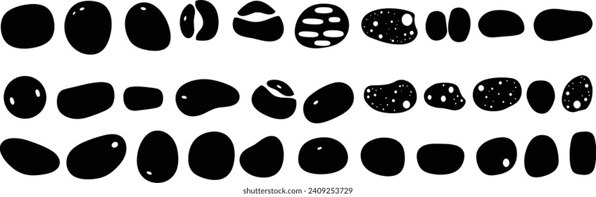 Abstract Organic Shapes Collection: Black Cube Drops, Inkblots, and Fluid Stone Silhouettes - Artistic Set of Irregular Paint Blotches and Pebble Silhouettes