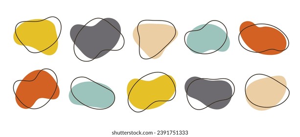 Abstract organic shapes collection. Irregular liquid forms set. Cute amoeba blobs, blotches, drops or stains bundle. Different design templates for label, sticker, banner, presentation, flyer. Vector