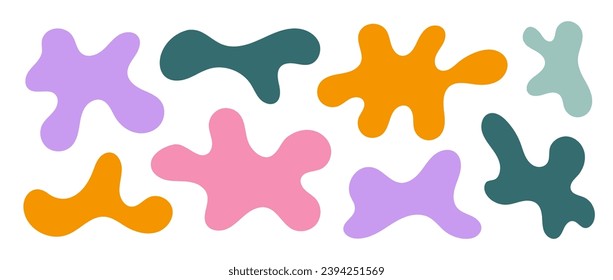 Abstract organic shapes collection. Irregular liquid forms set. Curved amoeba blobs, blotches, drops or stains bundle. Different design elements for label, sticker, banner, tag, collage. Vector pack