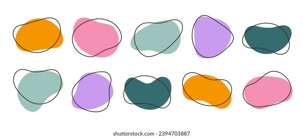 Abstract organic shapes collection. Irregular liquid forms set. Cute amoeba blobs, blotches, drops or stains bundle. Colorful design templates for label, sticker, banner, presentation, flyer. Vector