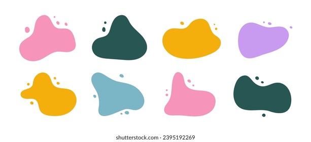 Abstract organic shapes collection. Irregular liquid forms set. Bright amoeba blobs, blotches, drops or stains bundle. Different design elements for label, sticker, banner, tag, collage. Vector pack