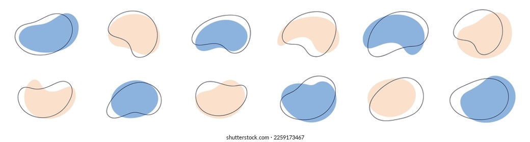 Abstract organic shapes collection. Set of dynamic blobs figure, irregulars form splashs, liquid bubbles. Vector illustration.