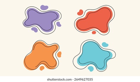 Formas orgânicas abstratas com bolhas coloridas e decorações de contorno tracejadas para elementos de design gráfico