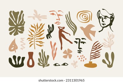 Abstract organic shapes. Contemporary algae plants vase leaf face Matisse inspired vintage floral decoration. Vector set