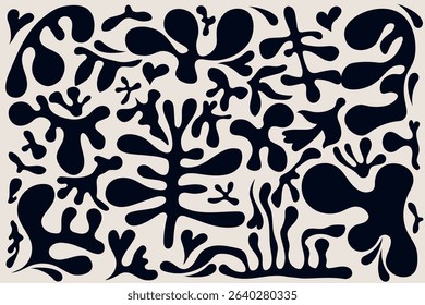 abstract organic shapes in cut boho style. Cut out twigs, plants and leaves isolated on a beige background. Trending illustration of natural elements in a minimalistic style.
