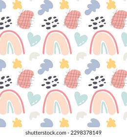 Abstract organic shapes with cute rainbow. Colorful background with doodle nature forms. Hand drawn elements for nursery, baby clothes, textiles, wrapping paper, postcards. Vector cartoon illustration