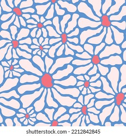 Abstract organic shapes daisy flowers seamless pattern in trippy groovy style. 1970s psychedelic floral background. Vector design for textile, wrapping paper, greeting cards.