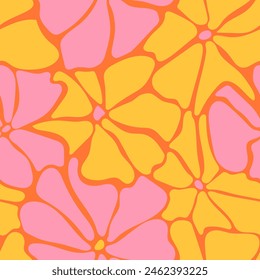 Abstract organic shapes daisy flowers seamless pattern in trippy groovy style. 1970s psychedelic floral background. Vector design for textile, wrapping paper, greeting cards