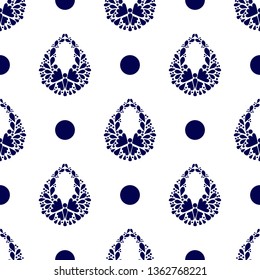 Abstract organic shapes decorative vector repeat pattern. Modern blue print elements, dotted pattern  with white background. Two color pattern, monochromatic pattern elements.