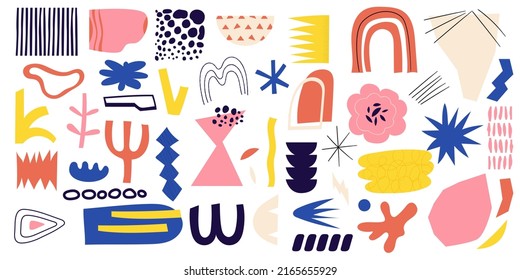 Abstract organic shapes. Floral nature doodle figures, cute brush scribble elements, messy geometric blot. Vector minimal childish hand drawn isolated collection. Simple colorful creative forms