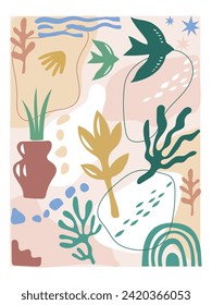 abstract organic shapes inspired by matisse. Plants, bird, cactus, leaf, algae, vase in paper cut collage style. Contemporary aesthetic vector element for logo, decoration, print, cover, wallpaper.