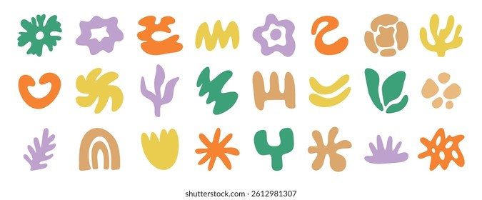 abstract organic shapes kit set, irregular hand drawn doodle organic shapes and liquid form. Plant nature liquid random boho set. Vector illustration