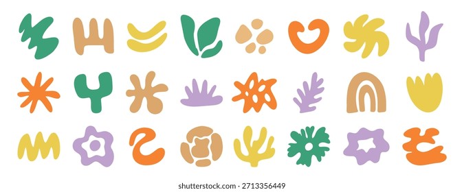 Conjunto de kit de Formas orgánicas abstractas, Formas orgánicas de doodle dibujadas a mano irregulares y forma líquida. Planta naturaleza líquido al azar boho conjunto. Ilustración vectorial