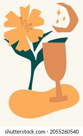 Abstract organic shapes, a minimal poster with a composition of flowers, the moon and a glass of wine, abstract organic forms in a fashionable modern style. Vector illustration, still life, landscape.