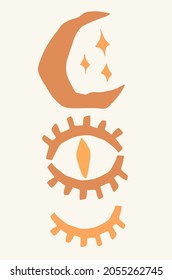 Abstract organic shapes, minimal poster with a composition of eyes, moon and stars in boho, hippie style, abstract organic shapes in a fashionable modern style. Vector illustration.