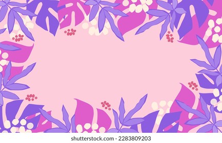 Abstract organic shapes with monstera leafs background. Pink, purple aesthetic tropical leafs background. Aesthetic banner with copy spaces.