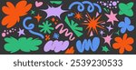 Abstract organic shapes on dark background. Vector doodle graphic of modern elements. Cute flower star and hand drawn playful scribbles. Trendy funky figures. Groovy simple naive art.