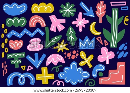 Abstract organic shapes on dark background. Retro vector set with clouds flowers and funky stars. Doodle stickers with cute hand drawn scribbles and blobs. 90s aesthetic collage.