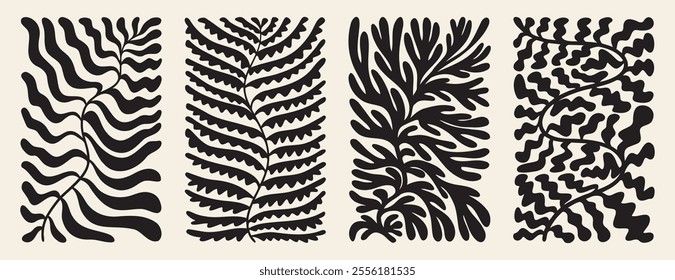 abstract organic shapes pattern drawing poster. Linocut contemporary print. Matisse pattern style. Nature floral modern print black color. Vector illustration