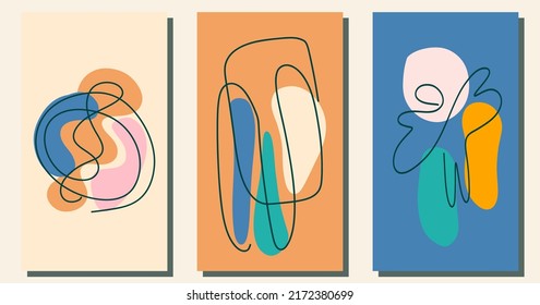 Abstract organic shapes and scribble posters set. Hand drawn irregular backgrounds for social media stories design, home interior wall decor pattern. Aesthetic spots and pebbles vector illustration