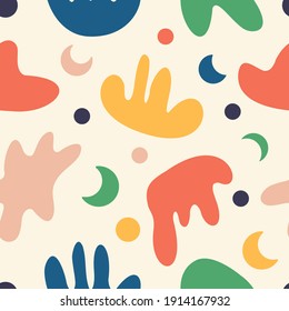 Abstract organic shapes seamless pattern. Contemporary art print, cute doodle poster, colorful vector illustration