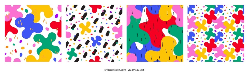 Abstract organic shapes seamless pattern set. Retro style vector background. Bright colors creative hand drawn illustration wallpaper backdrop