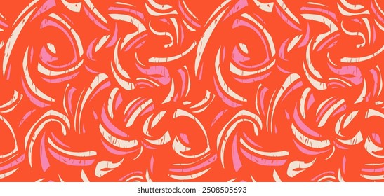 Abstract organic shapes seamless pattern on a orange background. Vector hand drawing curved shape and bold wavy lines. Colorful contemporary minimalist print. Plain dynamic geometric ornament