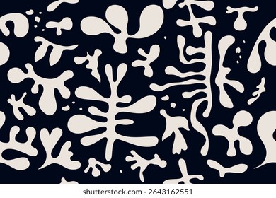 abstrakte organische Formen. Nahtloses Muster. Vektor, flacher Hintergrund im minimalistischen Boho-Stil. Wellen flüssiger Formen