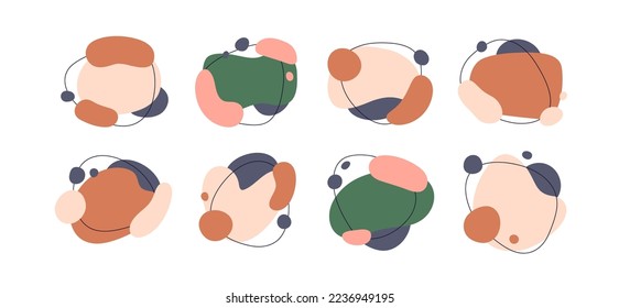 Abstract organic shapes set. Fluid dynamic blob elements. Simple irregular liquid forms, creative blots, random overlapping drops. Colored flat graphic vector illustration isolated on white background