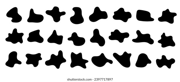 Abstract organic shapes set. Irregular liquid forms collection. Black amoeba blobs, blotches, drops and stains pack. Different design elements for label, sticker, banner, bubble, label. Vector bundle