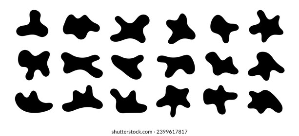 Resumen de formas orgánicas establecidas. Recogida irregular de formas líquidas. Mancha negra de ameba, manchas, gotas y manchas. Varios elementos de diseño para etiqueta, pegatina, pancarta, burbuja, etiqueta. Conjunto de vectores